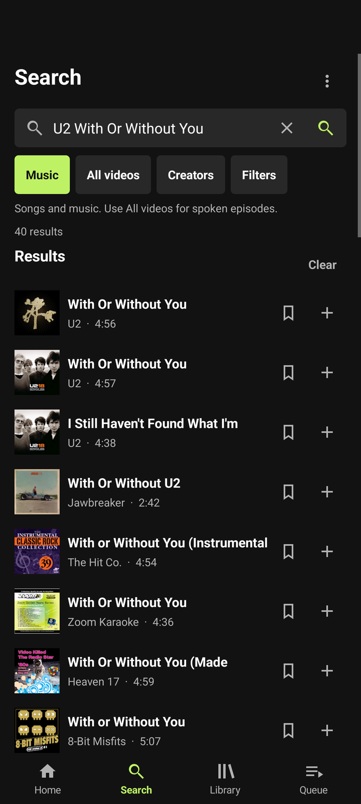 BlackYT search screen with music results and artwork